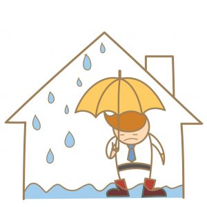 Cartoon of a man in a home under a leaky roof