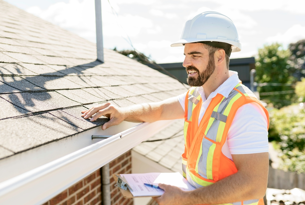 A man in a white hardhat inspects a roof