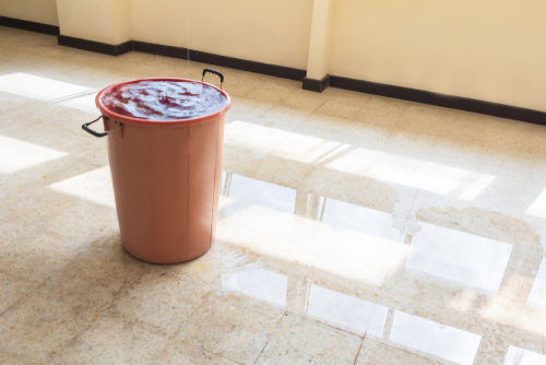 A bucket full of water sits under a roof leak
